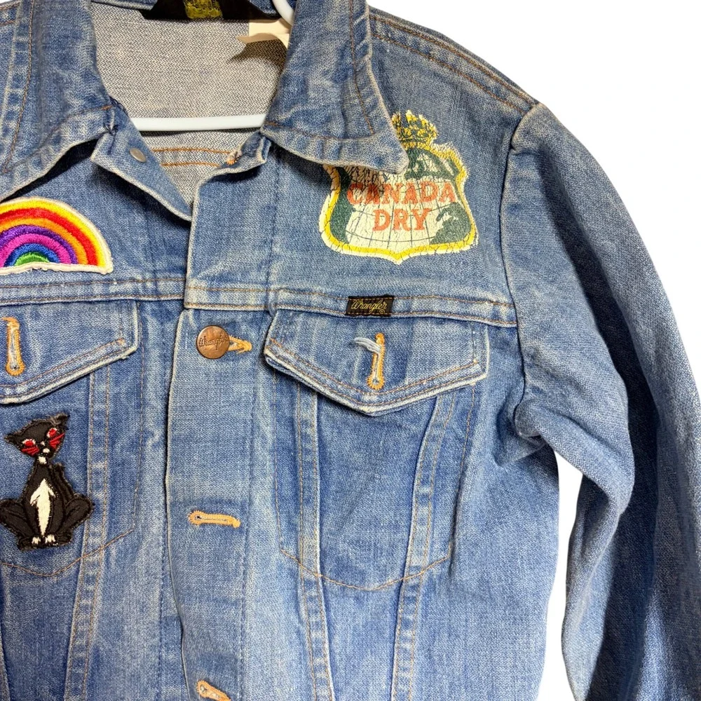 Vintage Wrangler Kids Denim Jacket Blue Patches Rainbow Canada Dry Made in USA